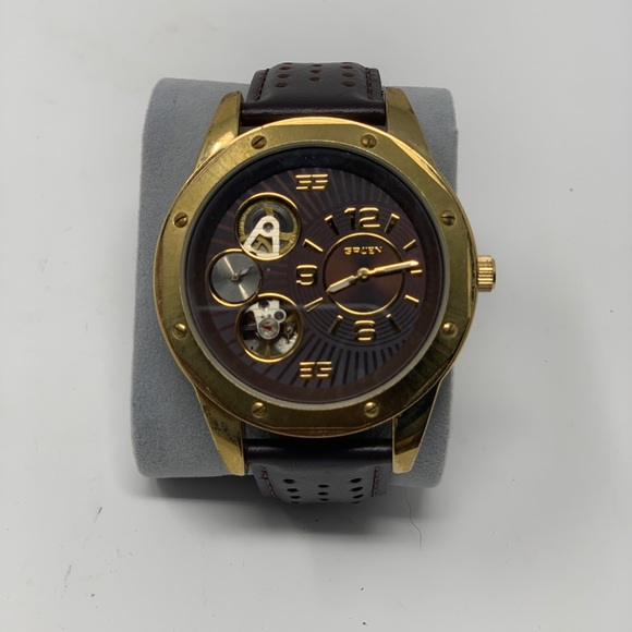 Cor | Silver-Tone Stainless Steel Skeleton Watch With Bold  Men’s Leather Gruen Skeleton Watch